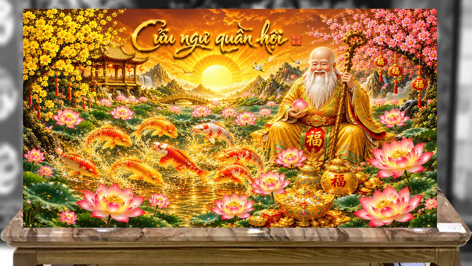 Tranh sơn mài cừu ngư quần hội - CN01