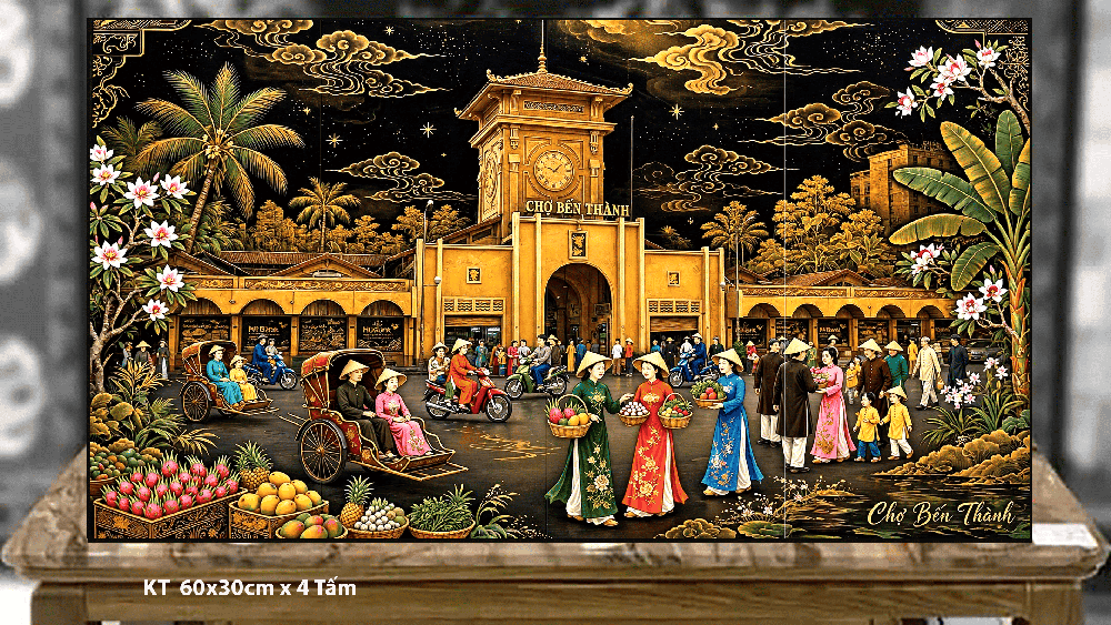 Tranh sơn mài cho khách du lịch Chợ Bến Thành - Bộ 4 tấm ( 60x30cm ) x 4 = 60cm x 120cm 